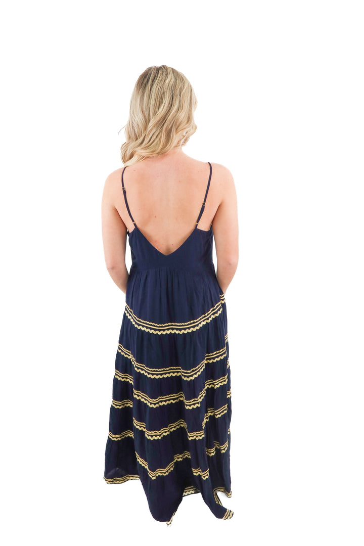 julie brown navy maxi dress with gold ric rac detail (8; retail $230)