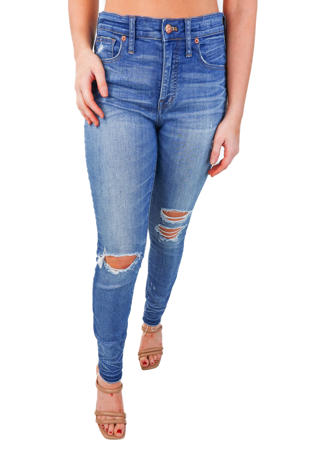 madewell medium wash distressed jeans (27; retail $148)