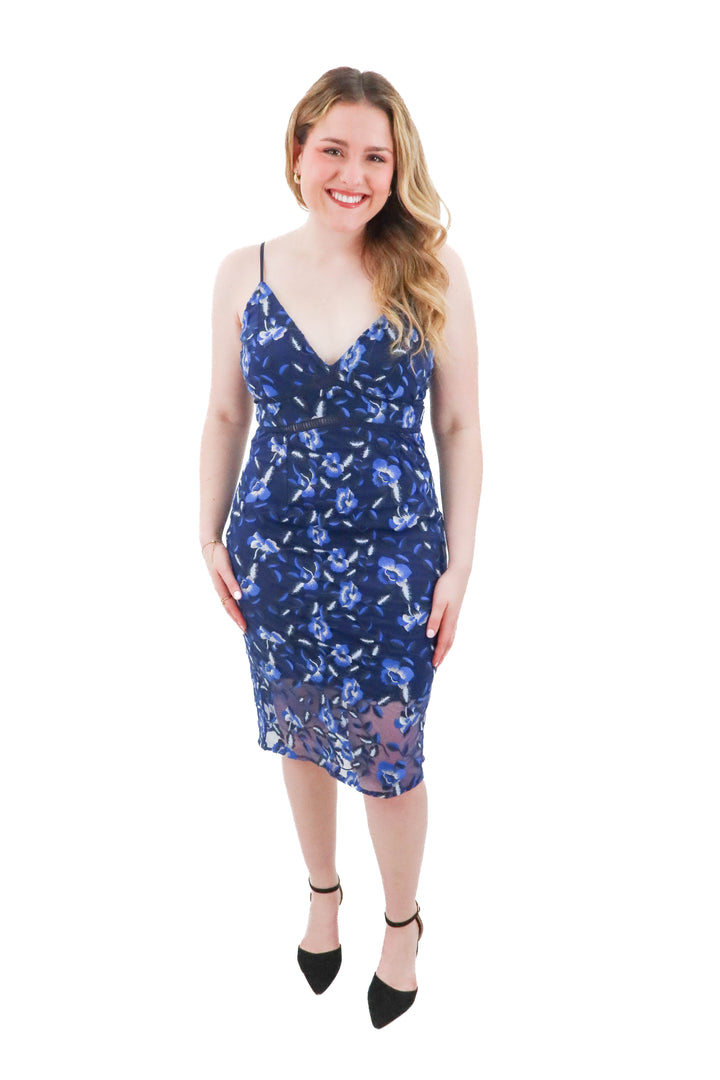 bardot blue floral dress (l; retail $169)