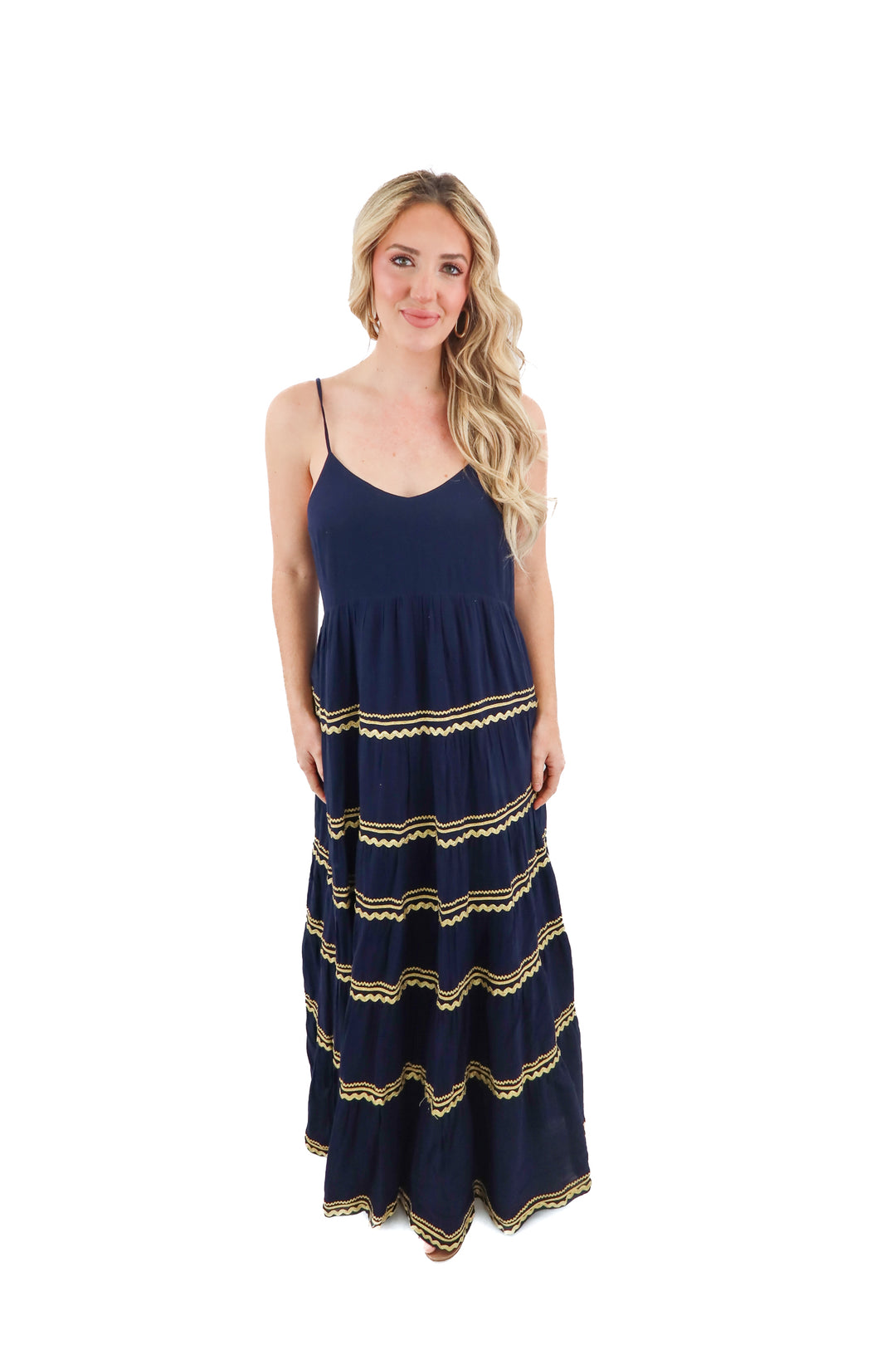 julie brown navy maxi dress with gold ric rac detail (8; retail $230)