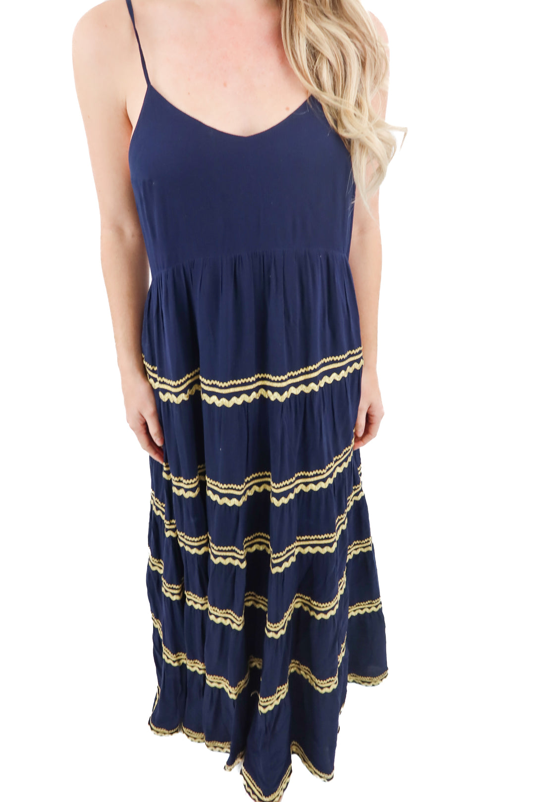 julie brown navy maxi dress with gold ric rac detail (8; retail $230)