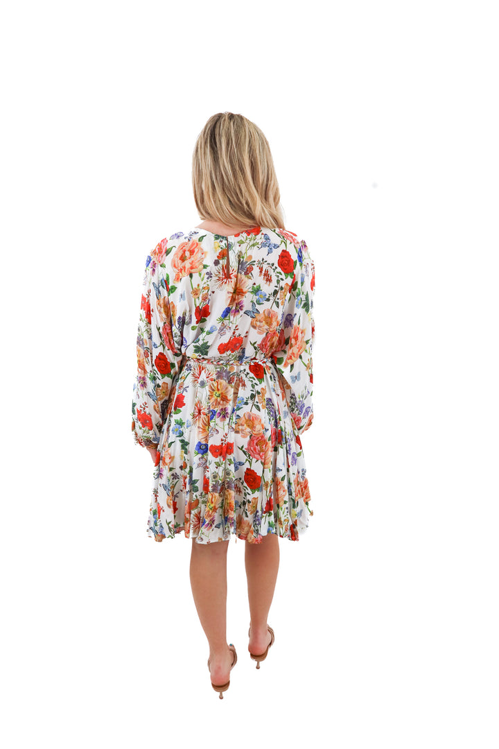 Olivaceous sheer floral long sleeve flowy dress (M; retail $86)