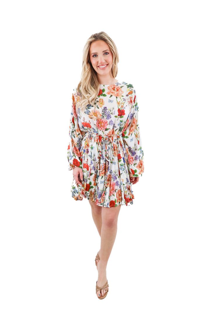 Olivaceous sheer floral long sleeve flowy dress (M; retail $86)