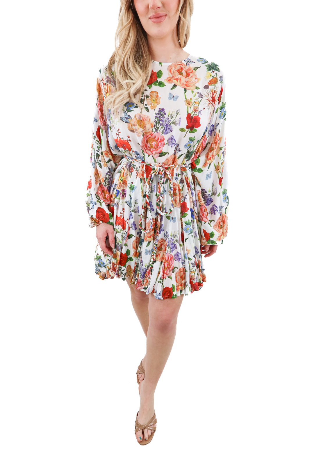 Olivaceous sheer floral long sleeve flowy dress (M; retail $86)
