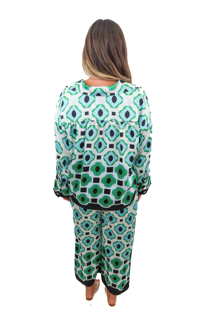 zara blue/green printed silky set (m; retail $140)