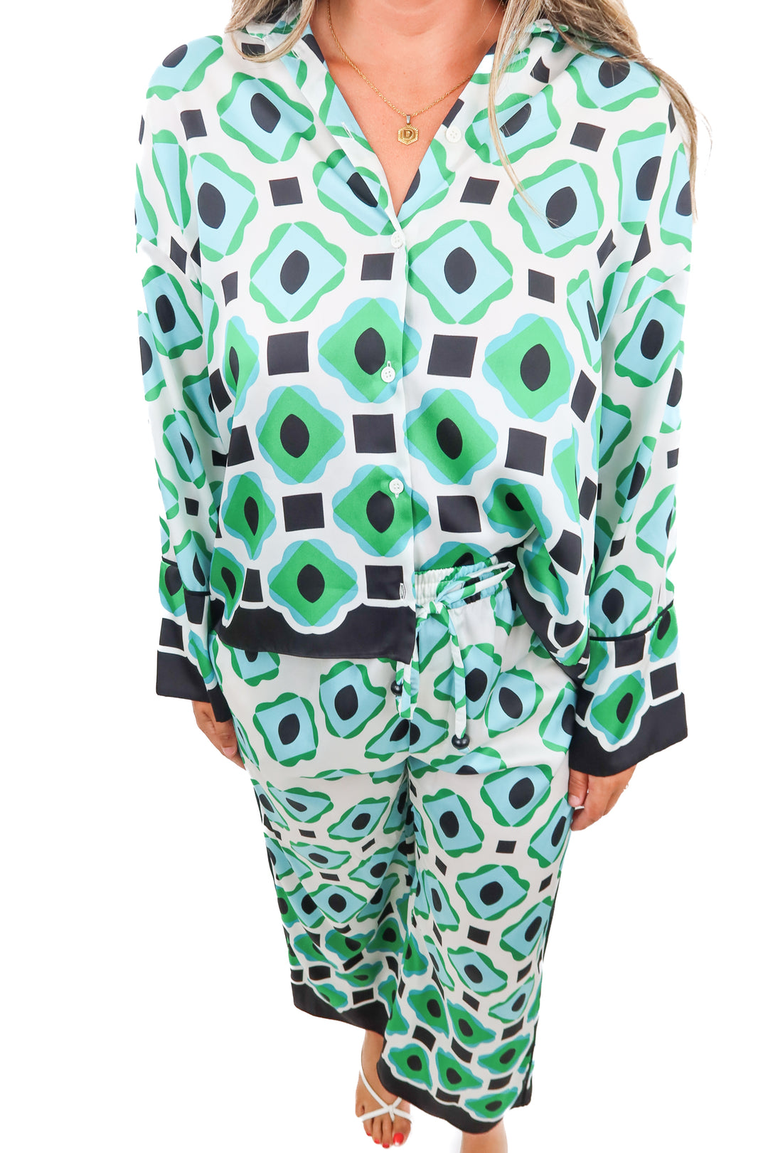 zara blue/green printed silky set (m; retail $140)