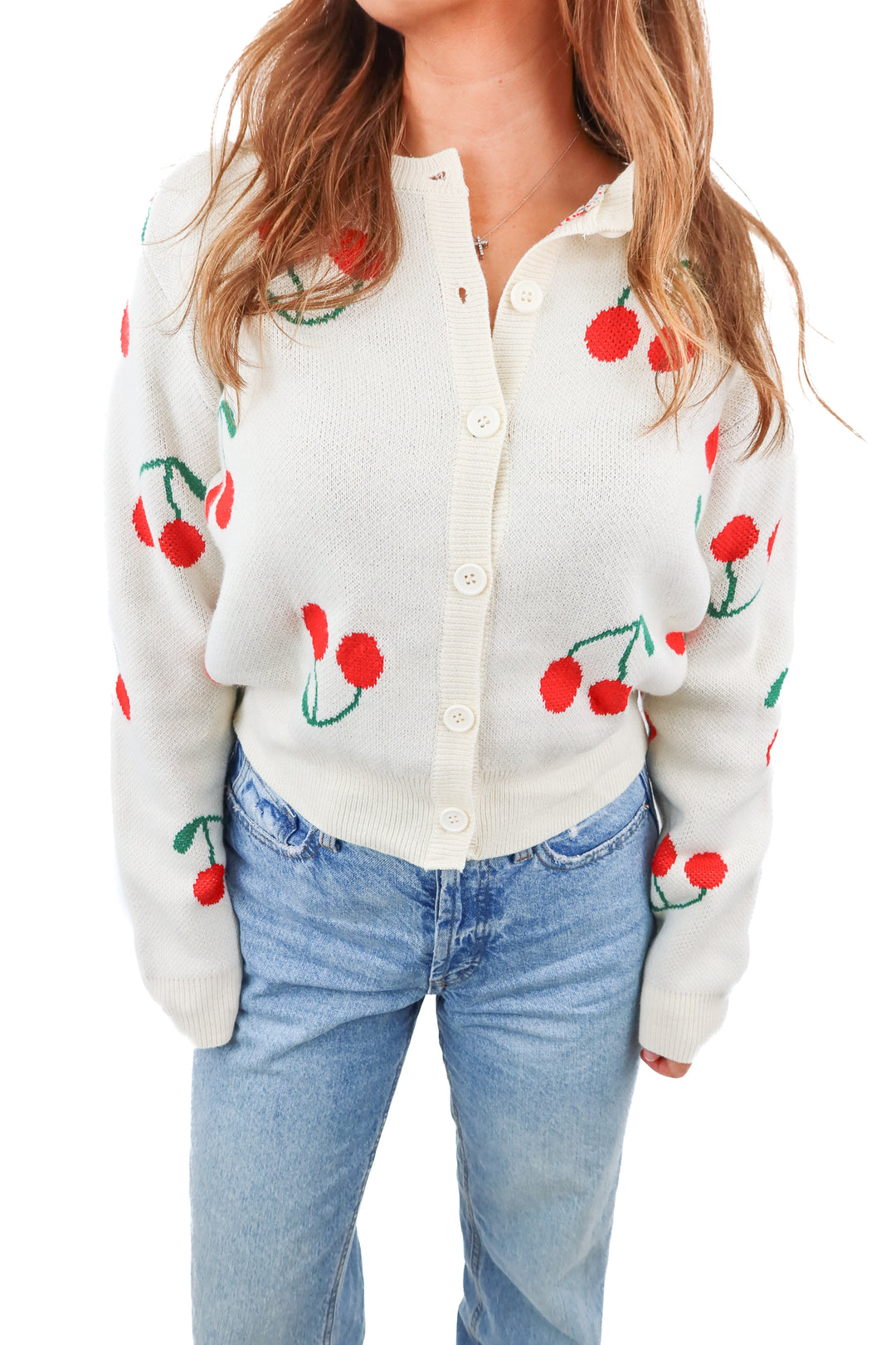 Dessin Studio cream cherry pattern knit cardigan (S)