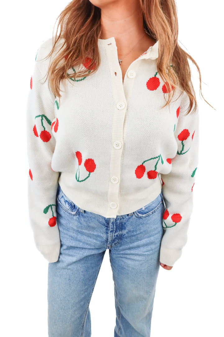 Dessin Studio cream cherry pattern knit cardigan (S)