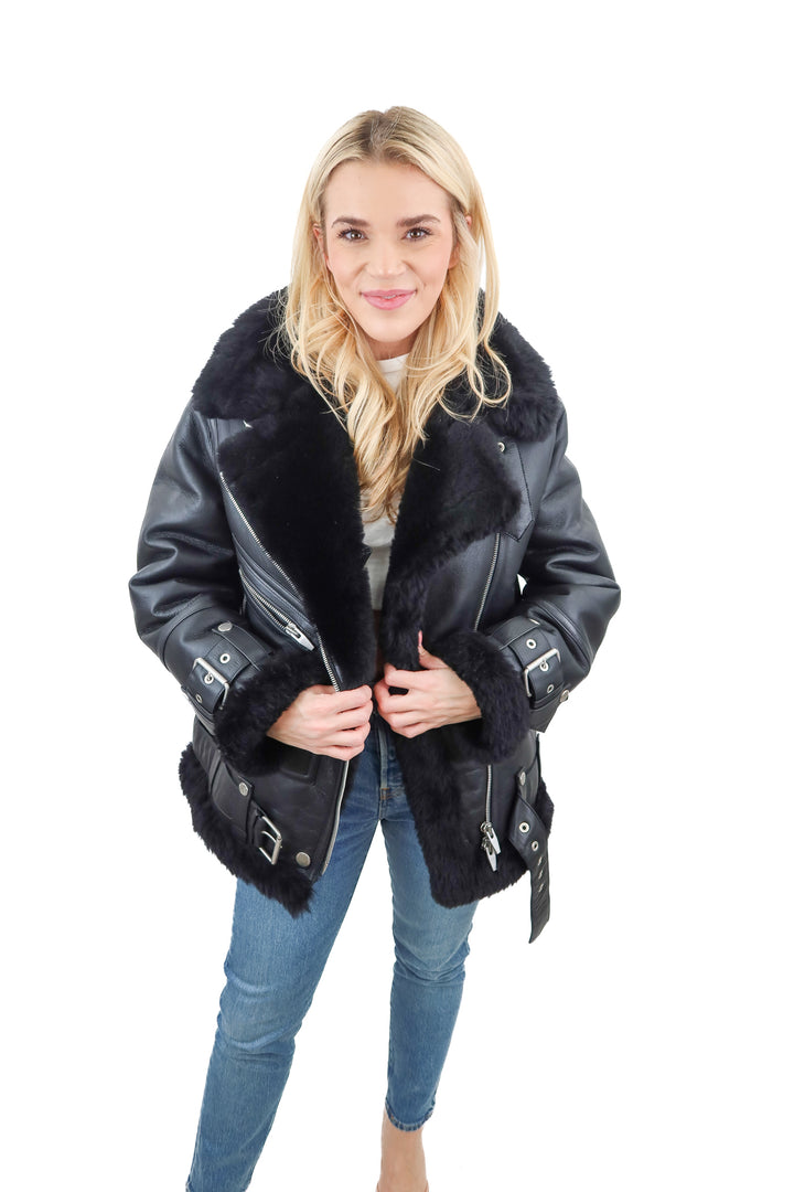 the arrivals black leather/fur jacket (s; retail $1,280)