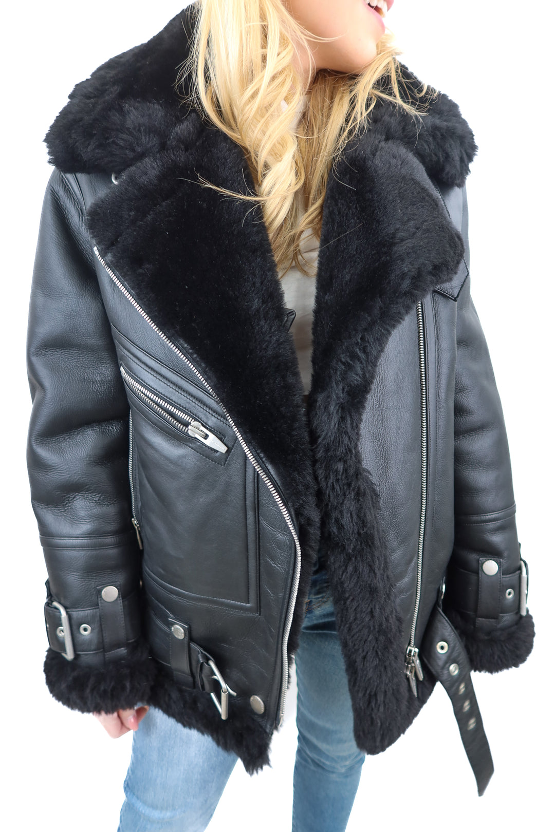 the arrivals black leather/fur jacket (s; retail $1,280)