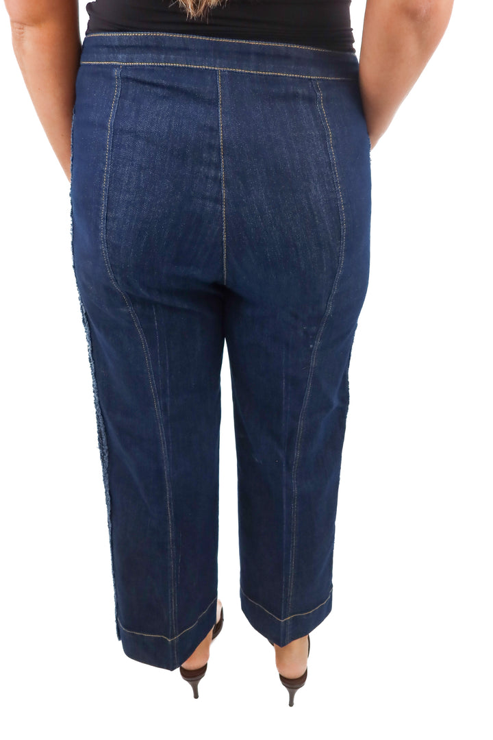 5a7 dark wash chambray pants with gem flower embellishments (12; retail $395)