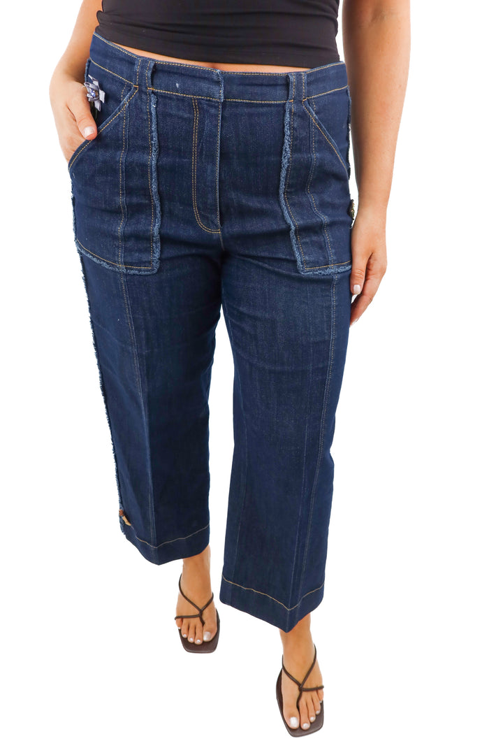 5a7 dark wash chambray pants with gem flower embellishments (12; retail $395)