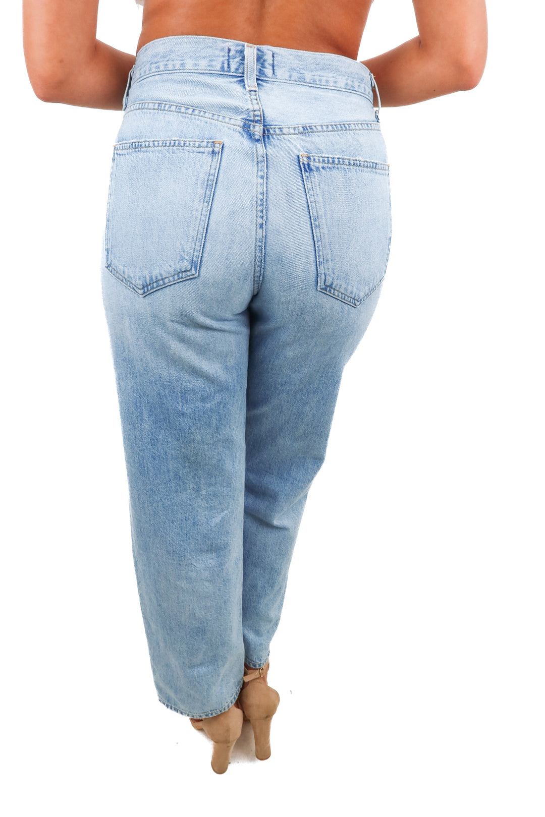 agolde light wash asymmetrical jeans (26; retail $278)