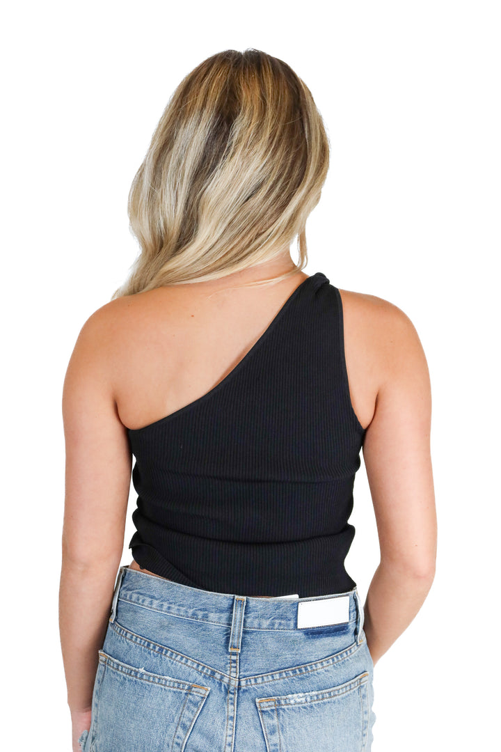 Tanya Taylor Black Rib Knit Twisted One Shoulder Top NWT (XS; Retail $245)