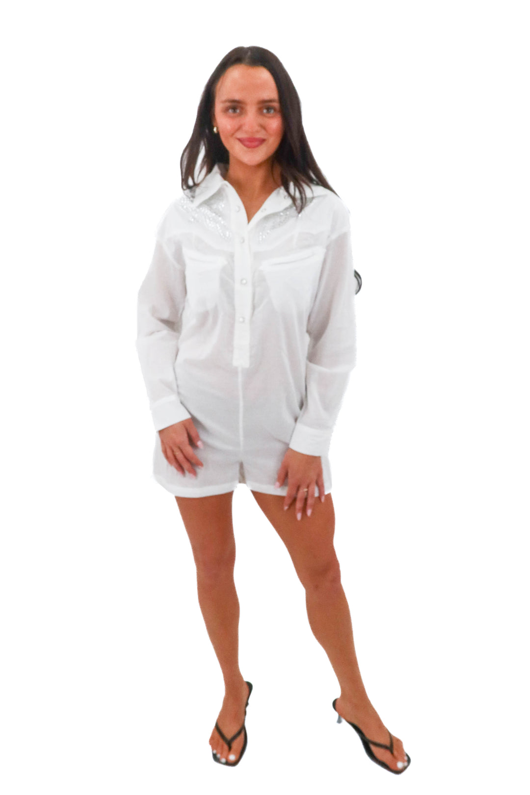 understated leather white studded romper (m; retail $243)