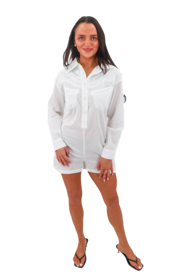 understated leather white studded romper (m; retail $243)