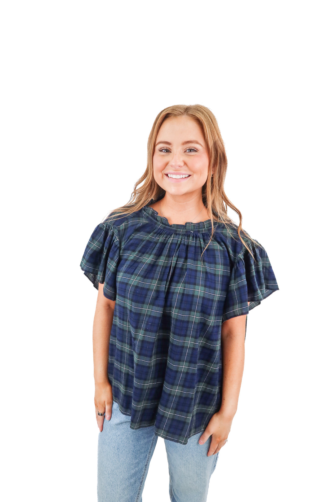 by Trovata Birds of Paradis blue green plaid top (M)