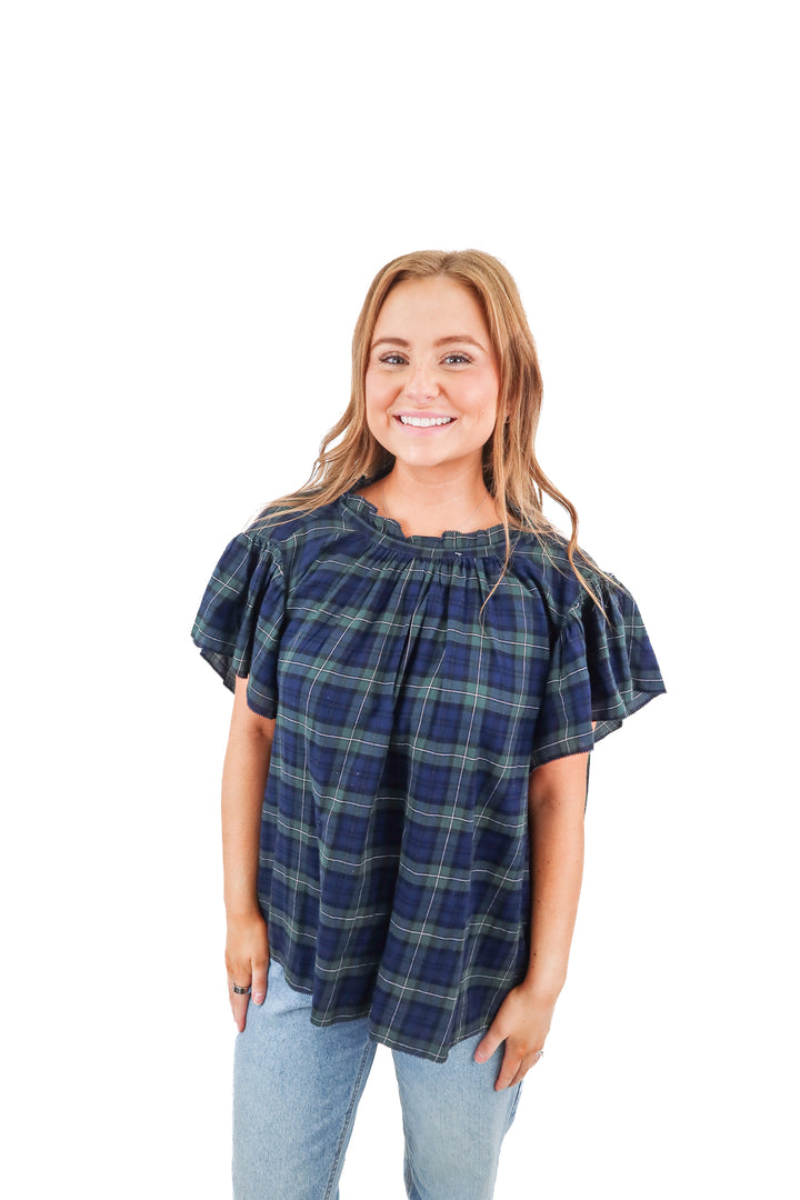 by Trovata Birds of Paradis blue green plaid top (M)