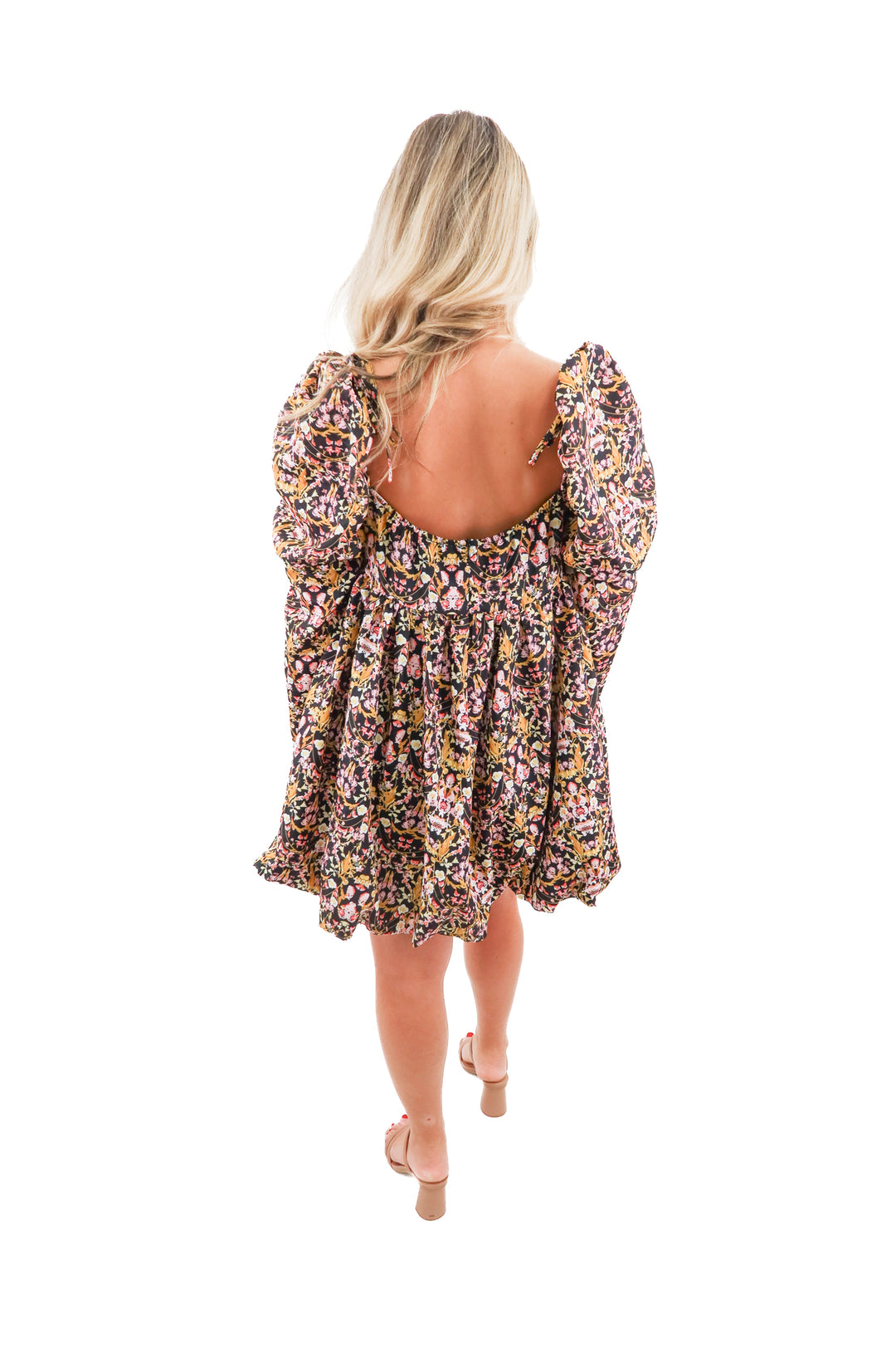 buddy love black floral puff long sleeve mini dress nwt (m; retail $160)