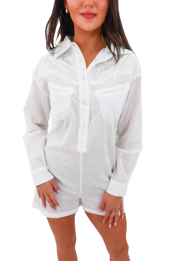 understated leather white studded romper (m; retail $243)
