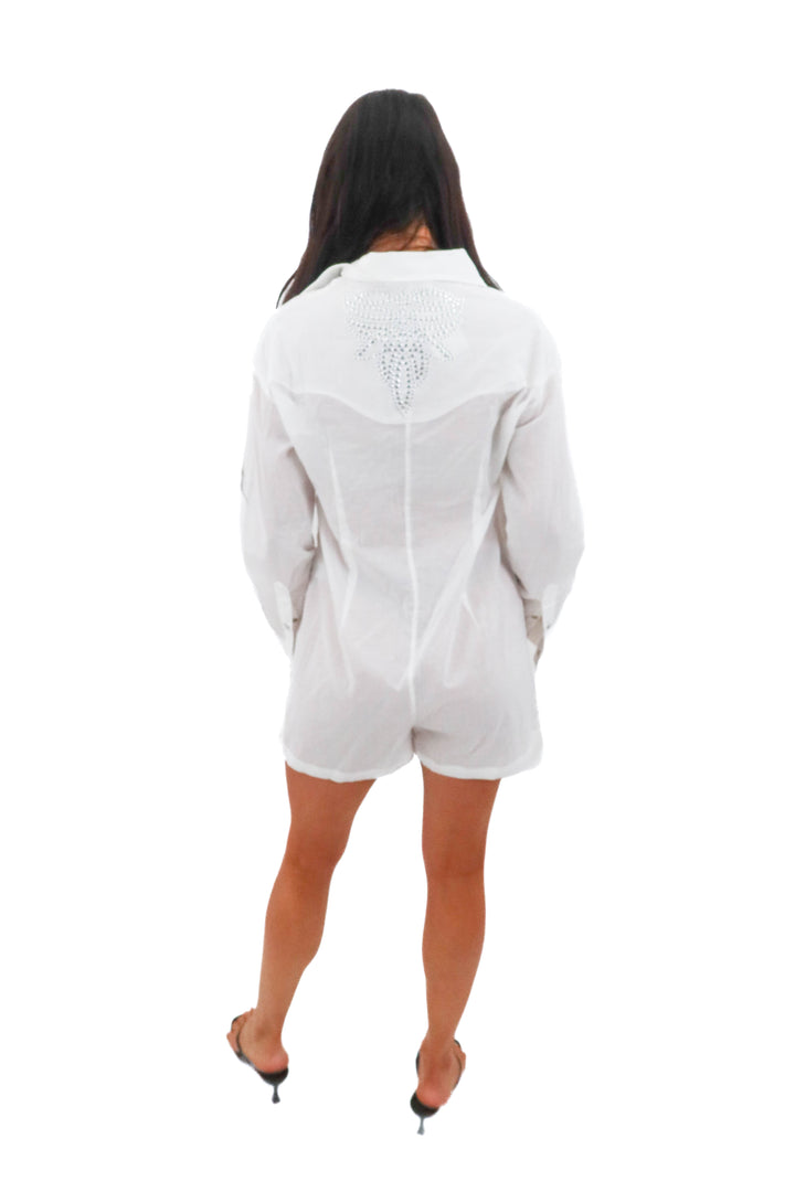 understated leather white studded romper (m; retail $243)