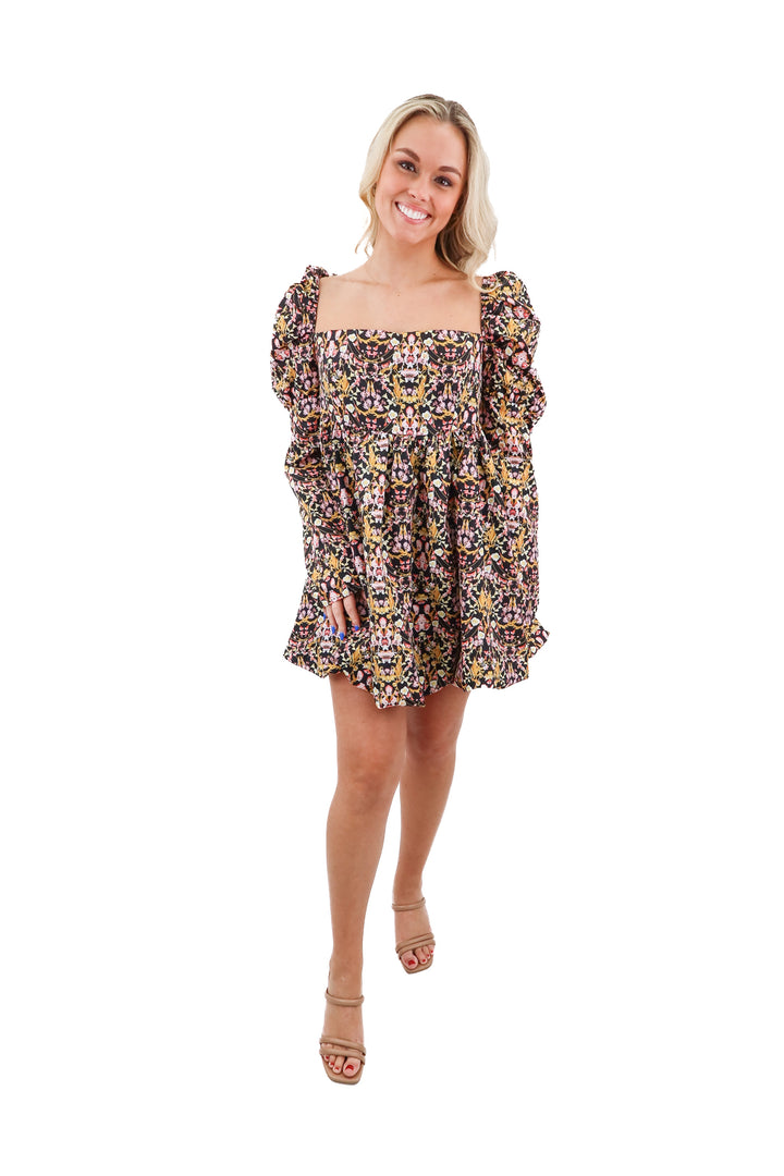 buddy love black floral puff long sleeve mini dress nwt (m; retail $160)