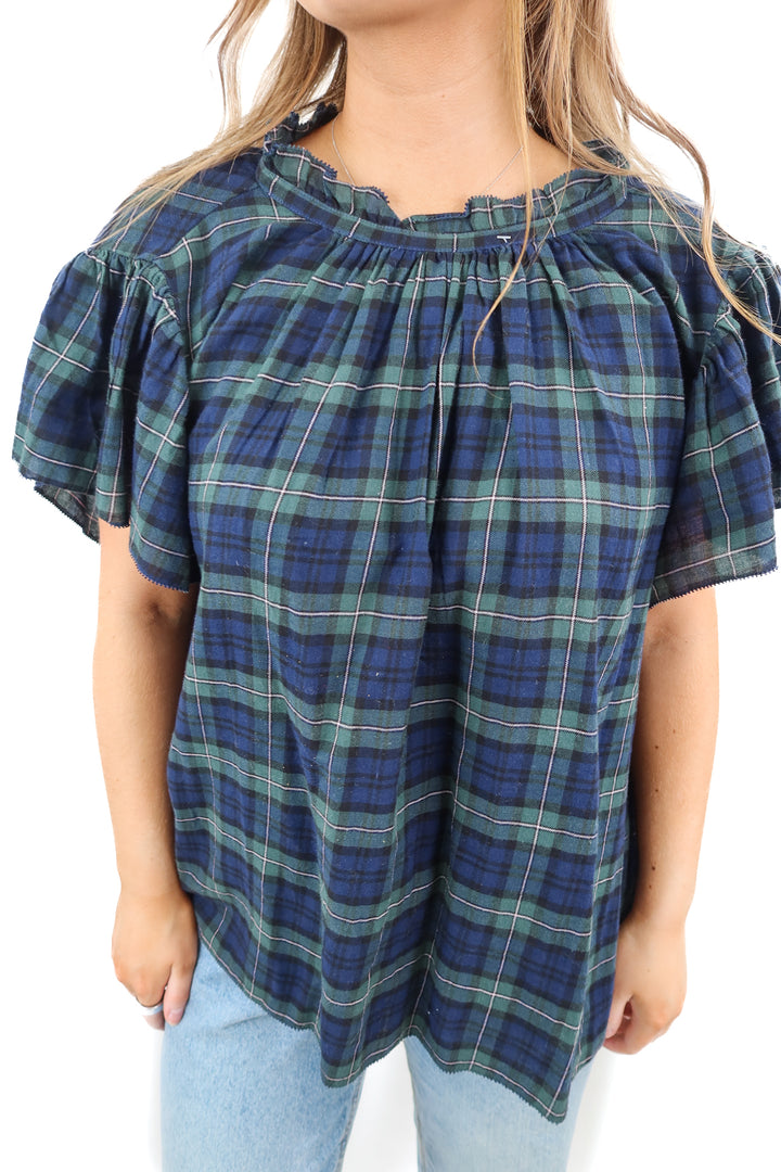 by Trovata Birds of Paradis blue green plaid top (M)