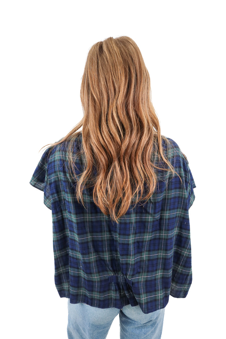 by Trovata Birds of Paradis blue green plaid top (M)