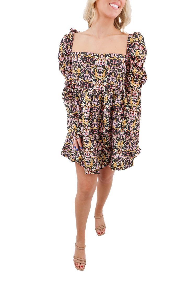 buddy love black floral puff long sleeve mini dress nwt (m; retail $160)