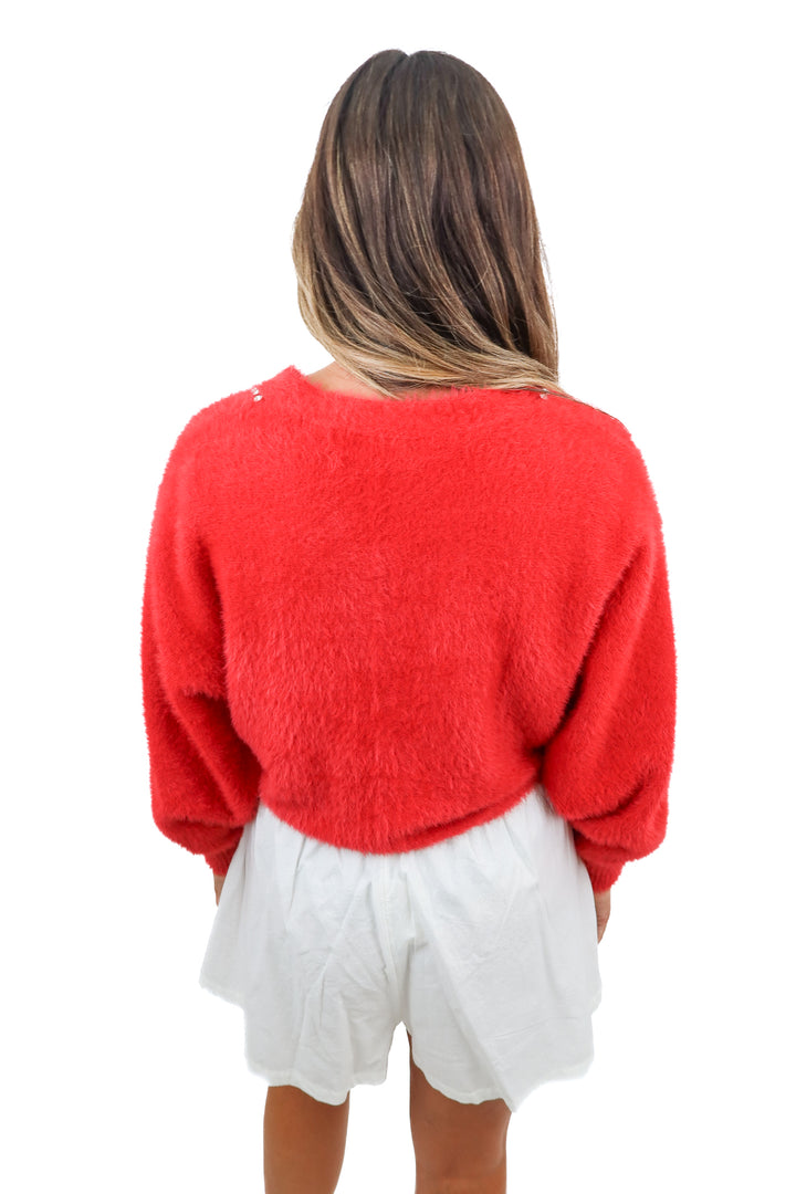 vici red fuzzy rhinestone cardigan (m; retail $64)