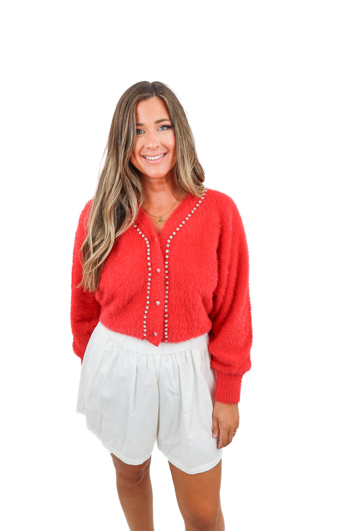 vici red fuzzy rhinestone cardigan (m; retail $64)