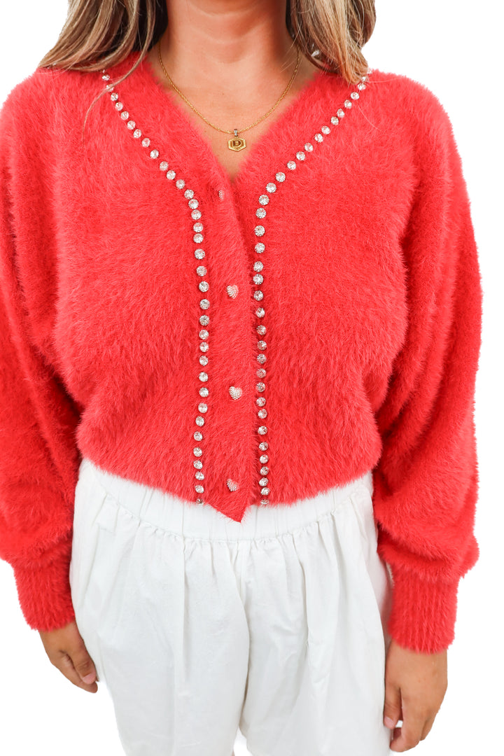 vici red fuzzy rhinestone cardigan (m; retail $64)