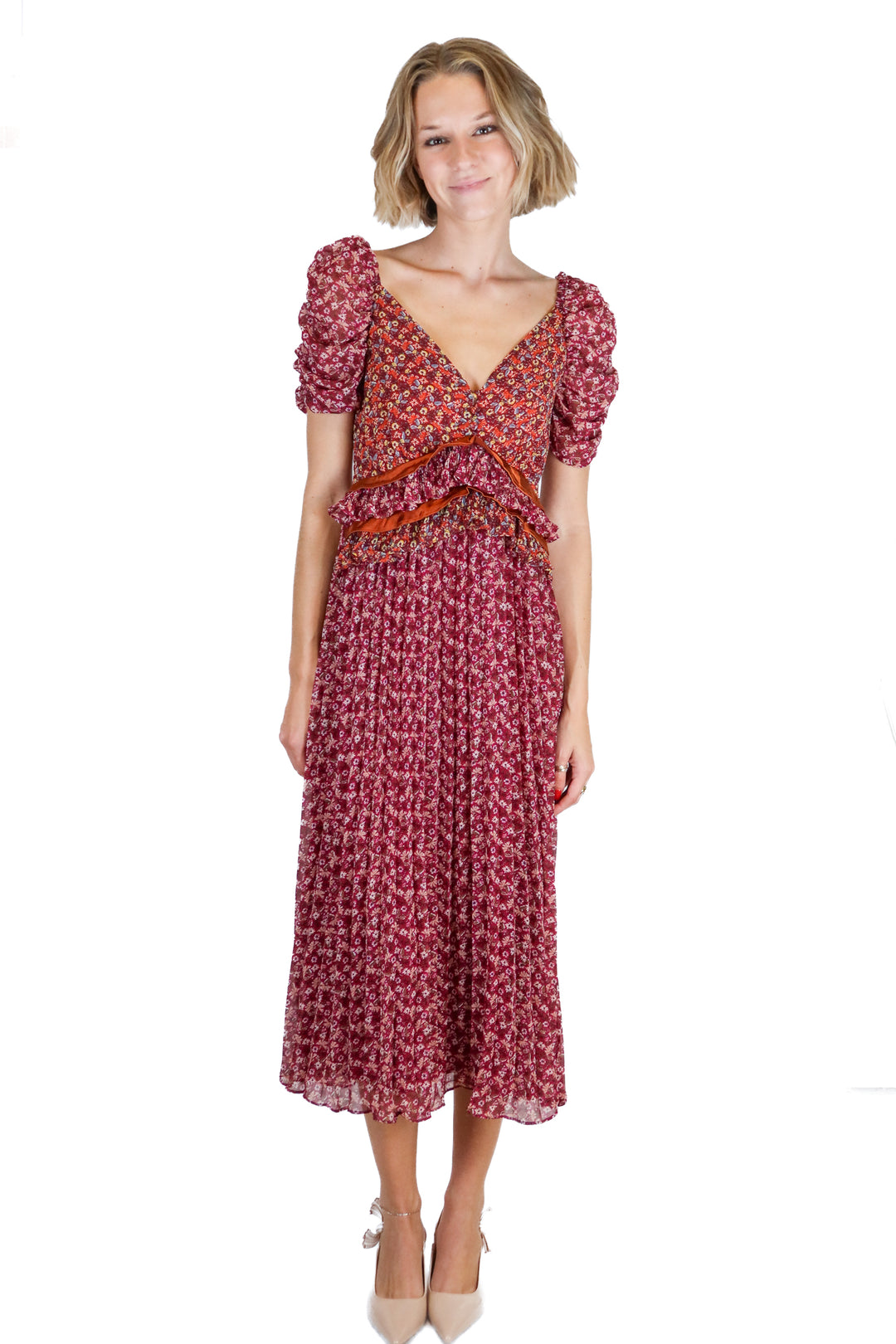 En Saison purple/orange floral midi dress (XS; retail $168)