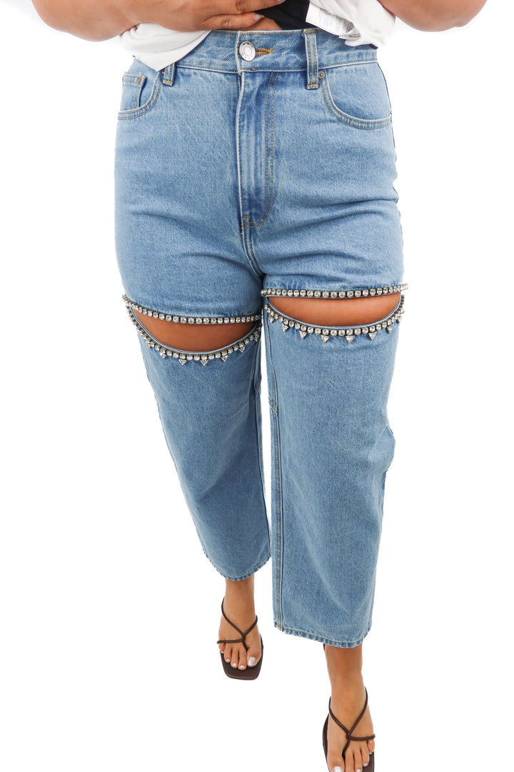 area rhinestone light wash jeans (8; retail $695)
