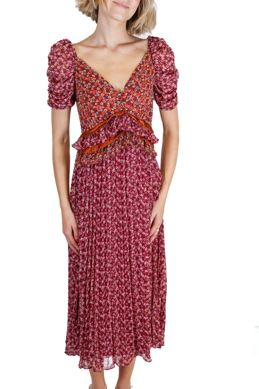 En Saison purple/orange floral midi dress (XS; retail $168)