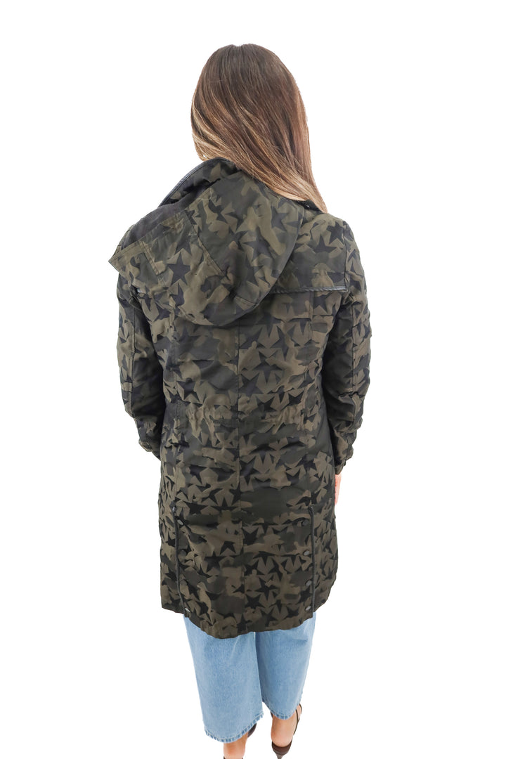 avec les filles green printed winter coat (m; retail $180)