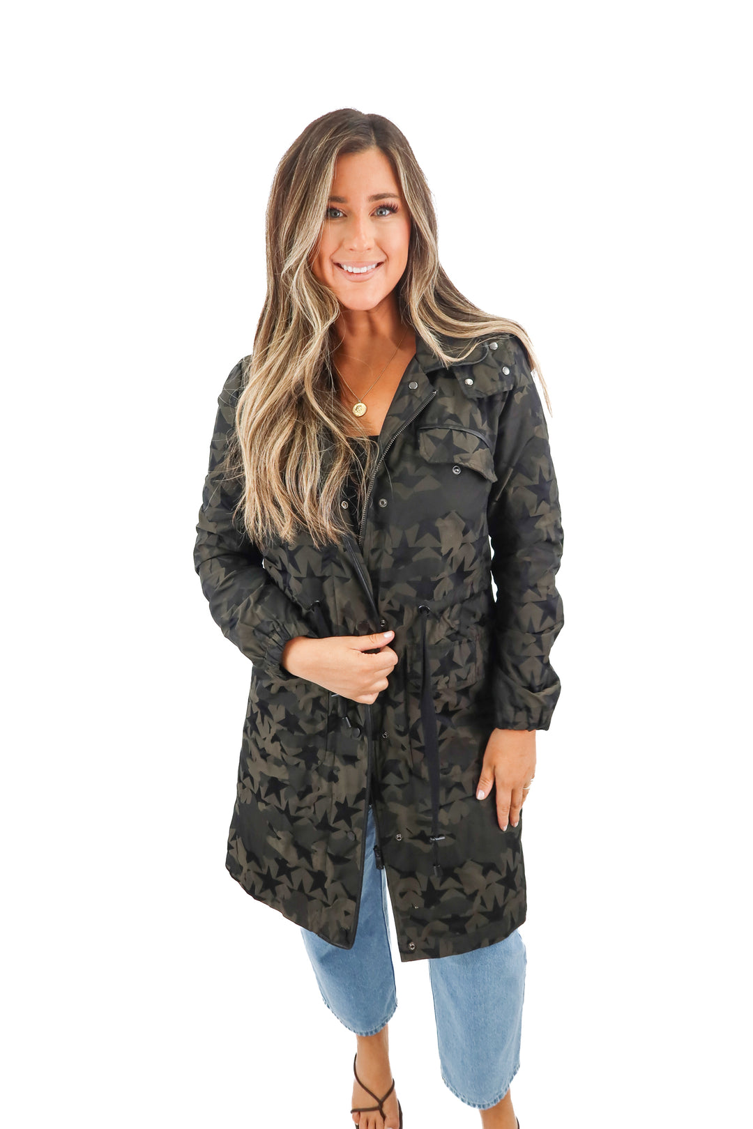 avec les filles green printed winter coat (m; retail $180)
