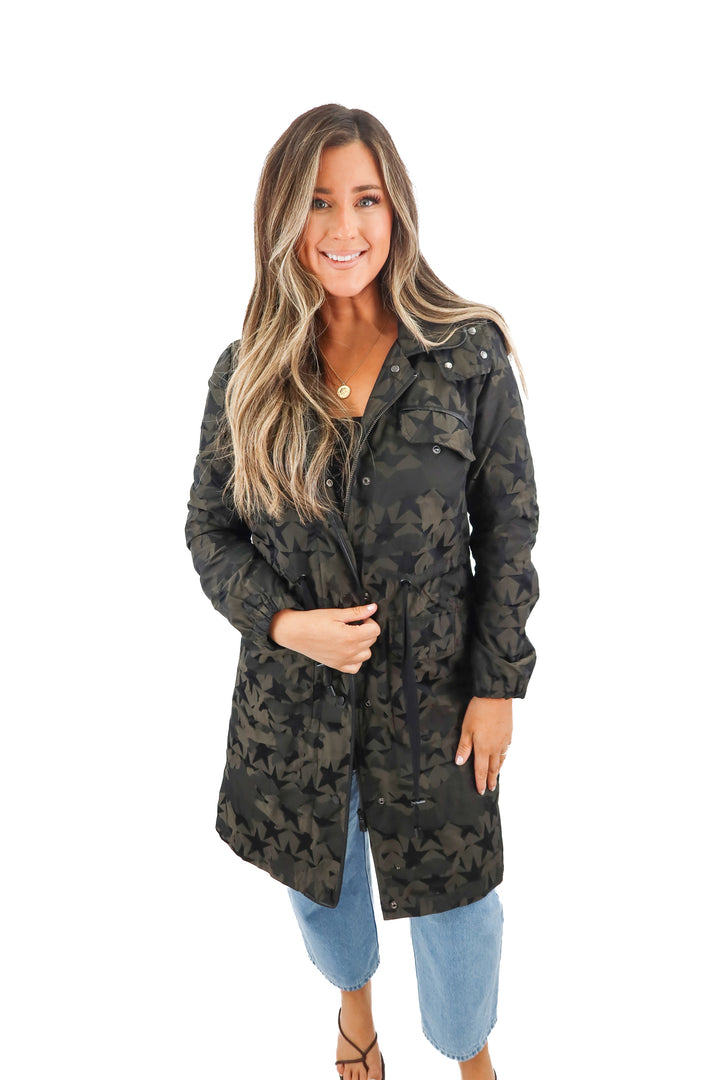 avec les filles green printed winter coat (m; retail $180)