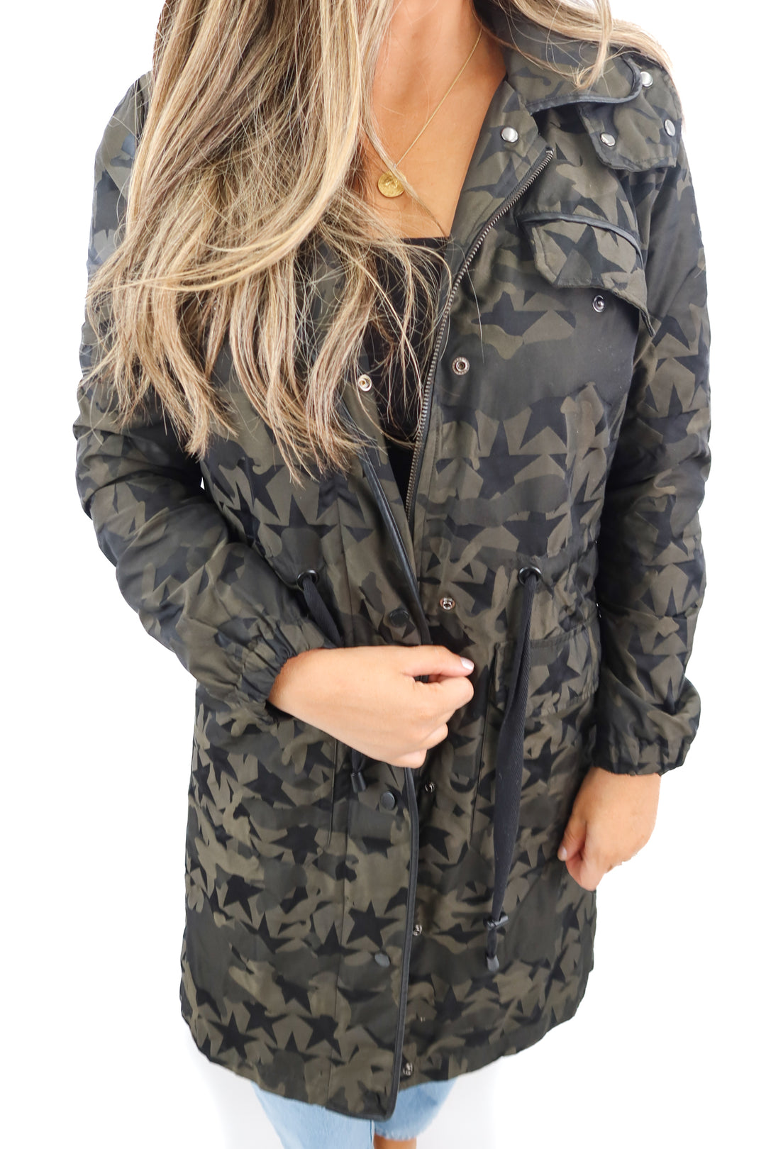 avec les filles green printed winter coat (m; retail $180)