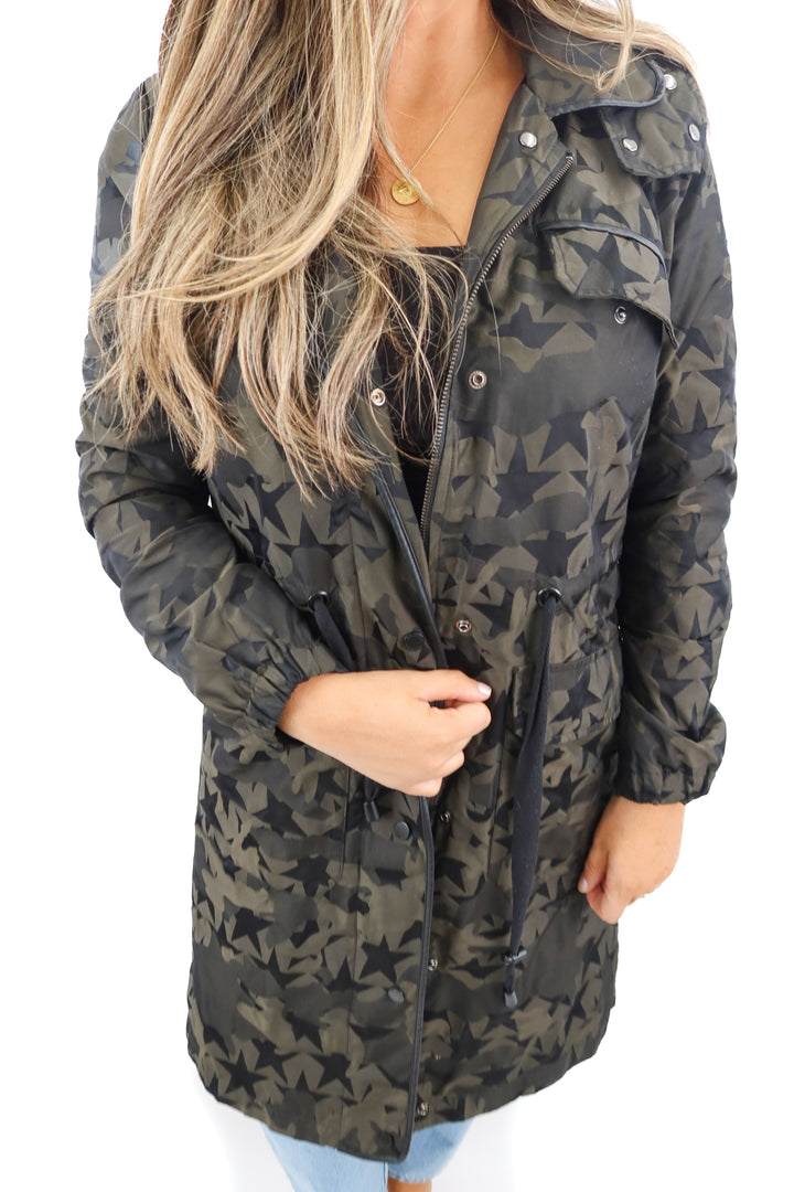 avec les filles green printed winter coat (m; retail $180)