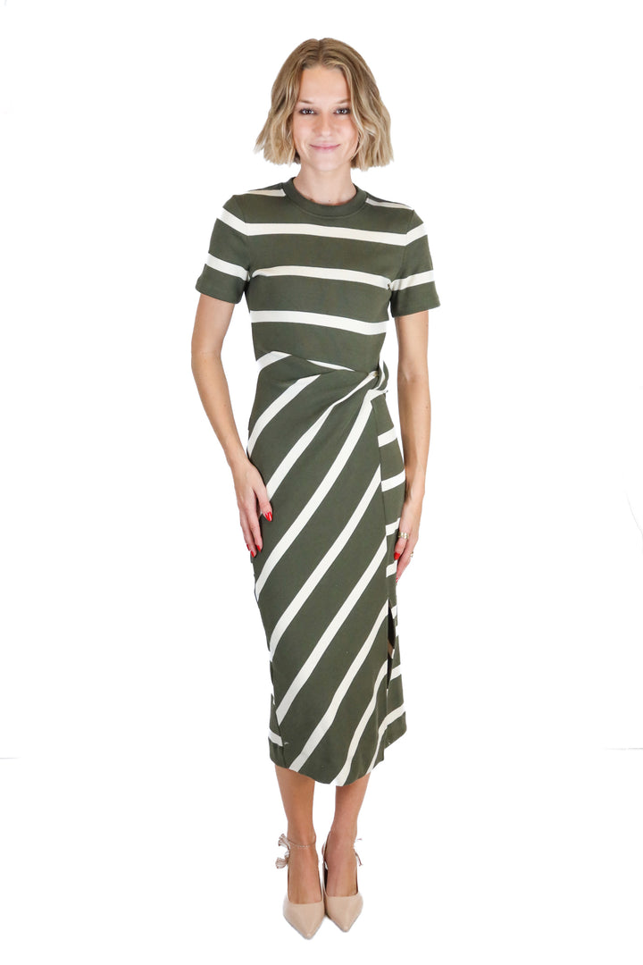 Tanya Taylor Army Green Stripe  Midi Dress  NWT (XXS; Retail $355)