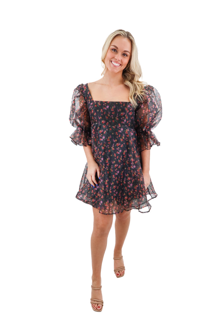 buddy love black floral organza dress nwt (m; retail $230)