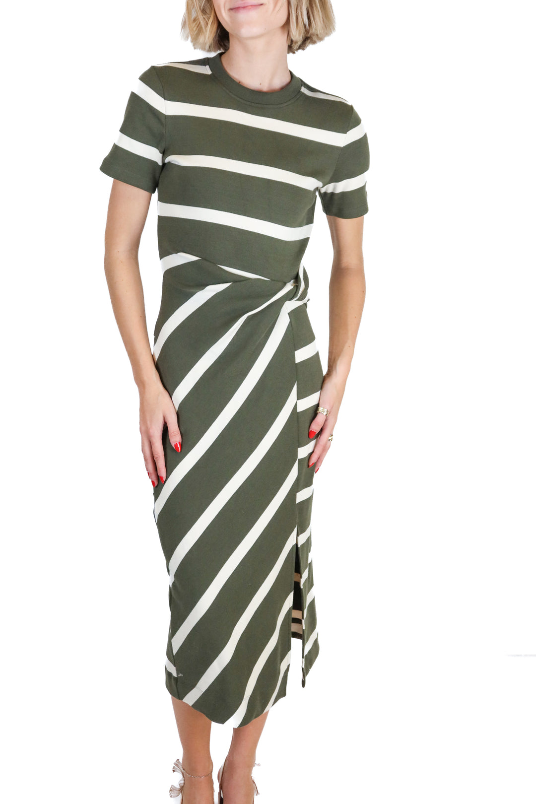 Tanya Taylor Army Green Stripe  Midi Dress  NWT (XXS; Retail $355)