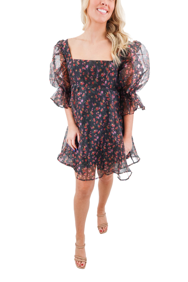 buddy love black floral organza dress nwt (m; retail $230)