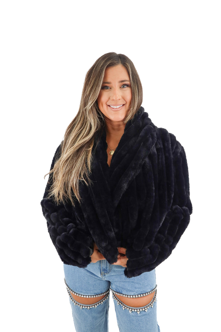 blank nyc black fur jacket (m; retail $128)