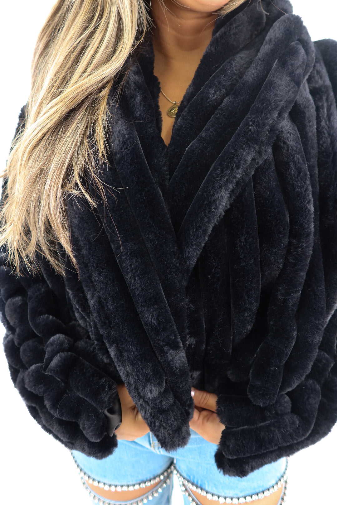 blank nyc black fur jacket (m; retail $128)