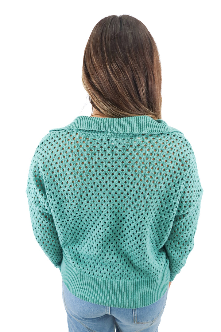beach riot teal crochet sweater (s; retail $128)