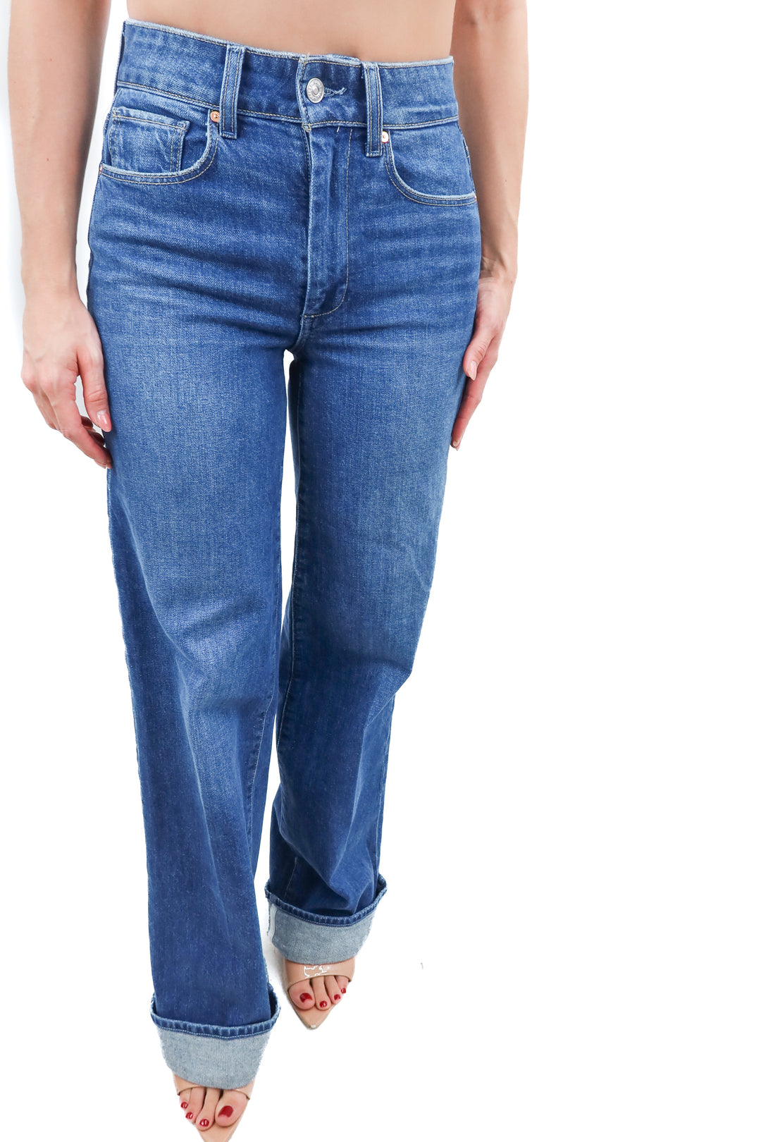 paige medium wash cuffed straight leg jeans (25; retail $259)