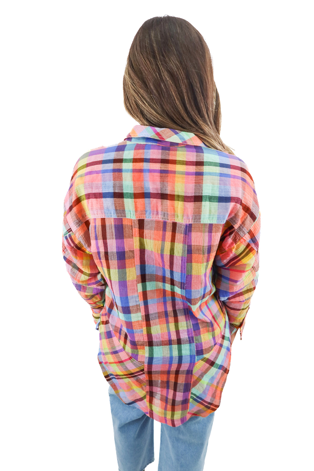 pilcro rainbow plaid button up top (xxs/xs; retail $98)