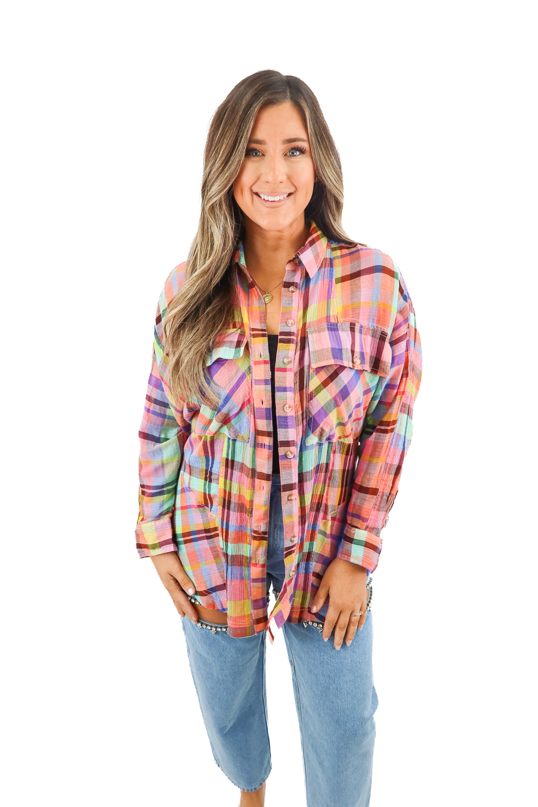 pilcro rainbow plaid button up top (xxs/xs; retail $98)